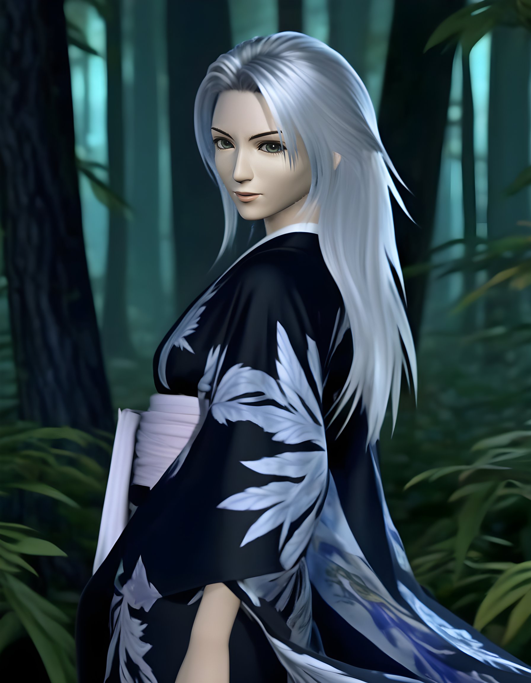 ff8_style, In a Final Fantasy VIII-inspired tableau, a striking woman with raven-black eyes and cascading, wavy silver hair, dressed in a unique, form-fitting outfit reminiscent of a blend between traditional Japanese kimono and contemporary fashion, stands solo against the backdrop of a mystical forest at twilight. She adopts a confident pose, gazing directly into the viewer's eyes with an enigmatic, closed-mouth smile. The warm, soft glow of a distant campfire illuminates her delicate features and the intricate details of her attire, while the dense canopy of trees above casts dappled shadows on the forest floor, creating a serene and otherworldly atmosphere that evokes both wonder and a sense of longing.