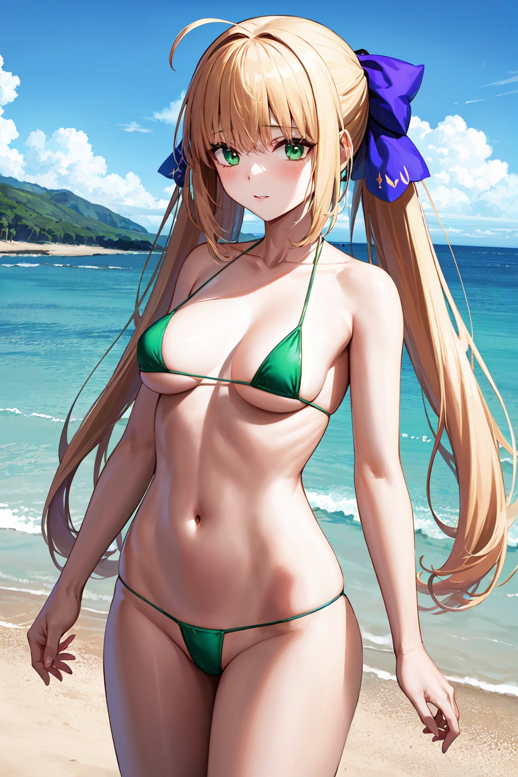 masterpiece, best quality, highres, bbcaster, long hair, twintails, ahoge, hair bow, green eyes, <lora:artoria_caster_(caster)_v1:0.7>, micro bikini, beach, standing, cowboy shot,