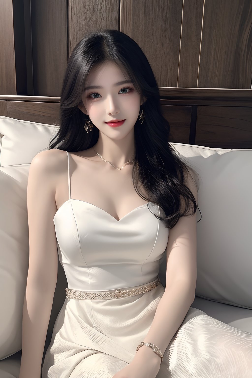 1girl, black hair, bracelet, dress, green eyes, lips, long hair, looking at viewer, pillow, realistic, sitting, smile, solo, watch, white dress, wristband, wristwatch  <lora:1.0:0.8>