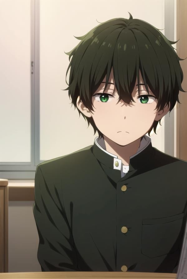 houtarouoreki, <lora:houtarou oreki s1-lora-nochekaiser:1>,houtarou oreki, short hair, bangs, black hair, hair between eyes, (green eyes:1.5), male focus,BREAK school uniform, gakuran,BREAK indoors, classroom,BREAK looking at viewer, (cowboy shot:1.5),BREAK <lyco:GoodHands-beta2:1>, (masterpiece:1.2), best quality, high resolution, unity 8k wallpaper, (illustration:0.8), (beautiful detailed eyes:1.6), extremely detailed face, perfect lighting, extremely detailed CG, (perfect hands, perfect anatomy),