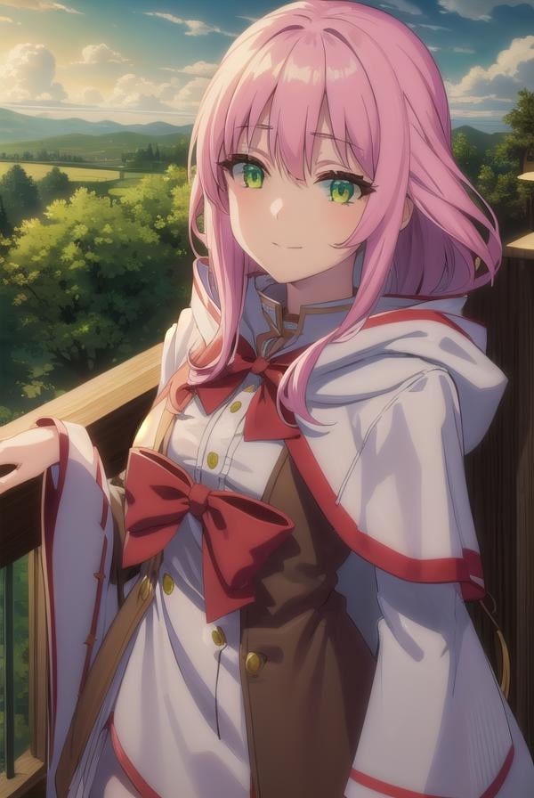 nornclatalissajioral, <lora:norn clatalissa jioral s1-lora-nochekaiser:1>,norn clatalissa jioral, long hair, hair between eyes, (green eyes:1.5), pink hair, smile,BREAK long sleeves, dress, bow, red bow, hood, robe, white robe,BREAK outdoors, forest, nature, grass, trees, sun, sky, clouds,BREAK looking at viewer, (cowboy shot:1.5),BREAK <lyco:GoodHands-beta2:1>, (masterpiece:1.2), best quality, high resolution, unity 8k wallpaper, (illustration:0.8), (beautiful detailed eyes:1.6), extremely detailed face, perfect lighting, extremely detailed CG, (perfect hands, perfect anatomy),