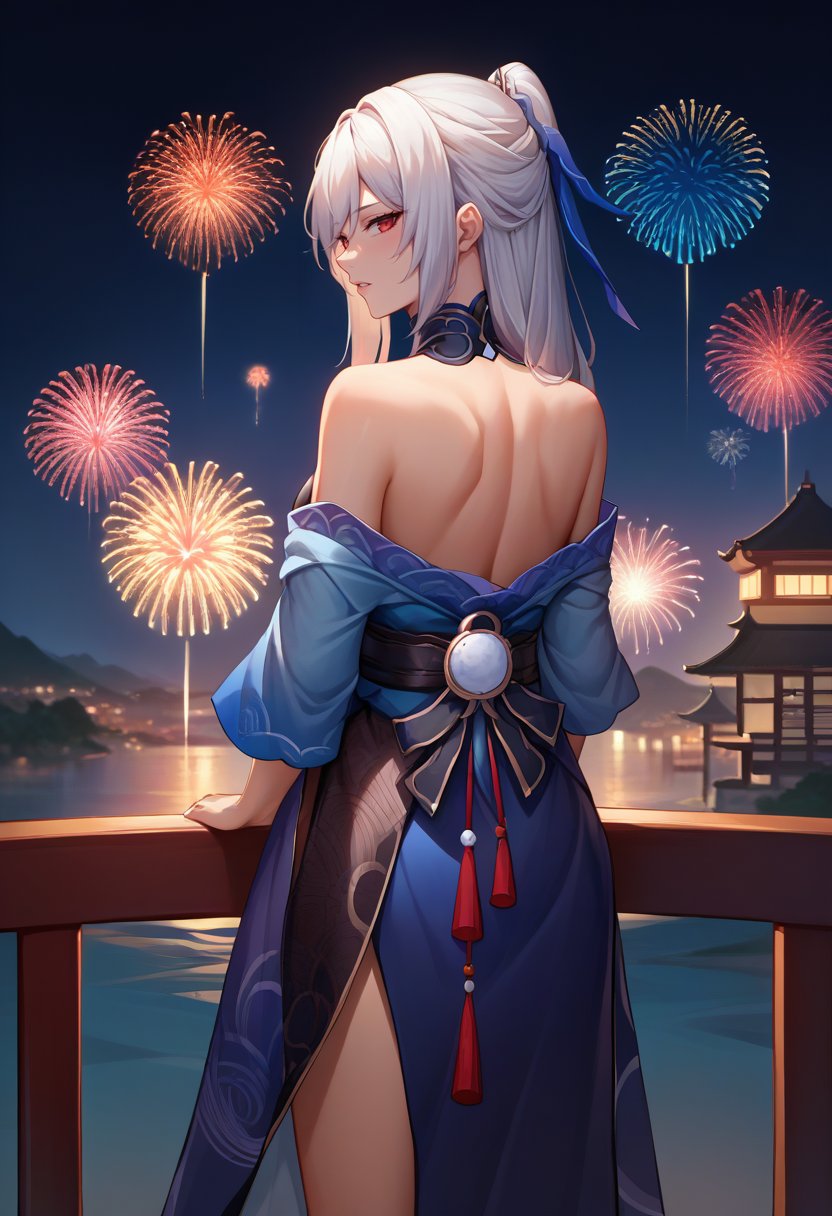 score_9, score_8_up, score_7_up, source_anime, from behind, solo, 1girl, hsrjingliu, parted lips, looking back, white hair, high ponytail, red eyes, blue kimono, off shoulder, black sash, bare shoulders, fireworks <lora:hsr_jingliu_ponyXL:1>