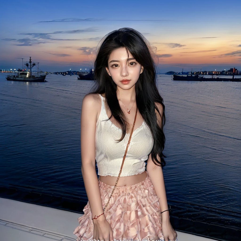 1girl,watercraft,chain,ocean,water,ship,boat,long_hair,solo,beach,sky,outdoors,black_hair,day,horizon,realistic,skirt,lips,breasts,necklace,<lora:气质美女:0.8>,