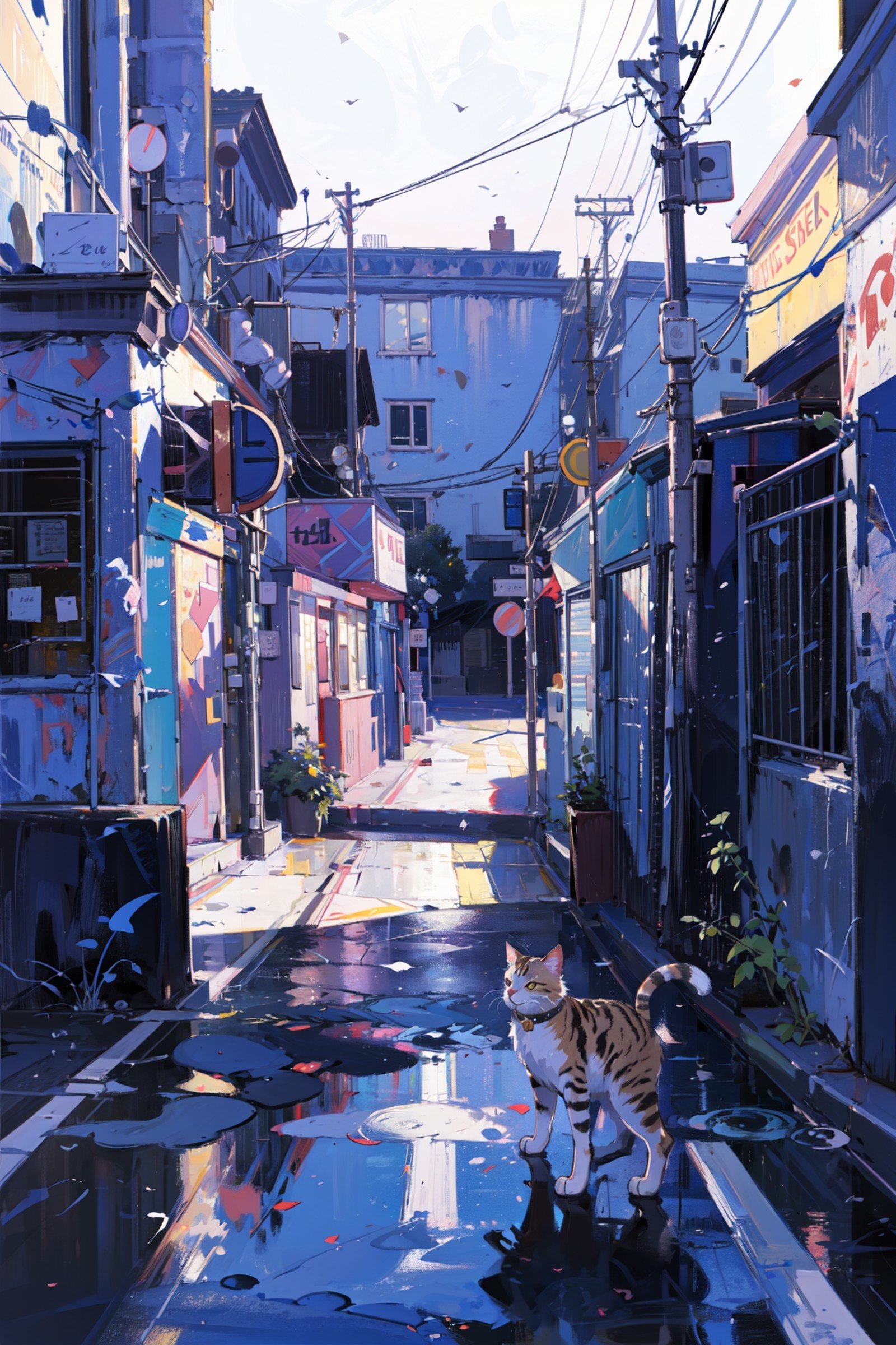 ((best quality, masterpiece, absurdres, super-resolution)) no human, a stray cat on the street