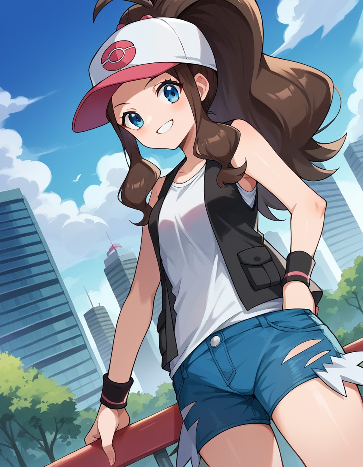 score_9, score_8_up, score_7_up, source_anime,pokemonhilda, <lora:pokemon-hilda-ponyxl-lora-nochekaiser:1>pokemonhilda, blue eyes, brown hair, long hair, ponytail, smile,baseball cap, blue shorts, denim, hat, shorts, vest, wristband, sleeveless, black vest, white shirt, shirt,outdoors, cityscape,looking at viewer, dutch angle, cowboy shot,