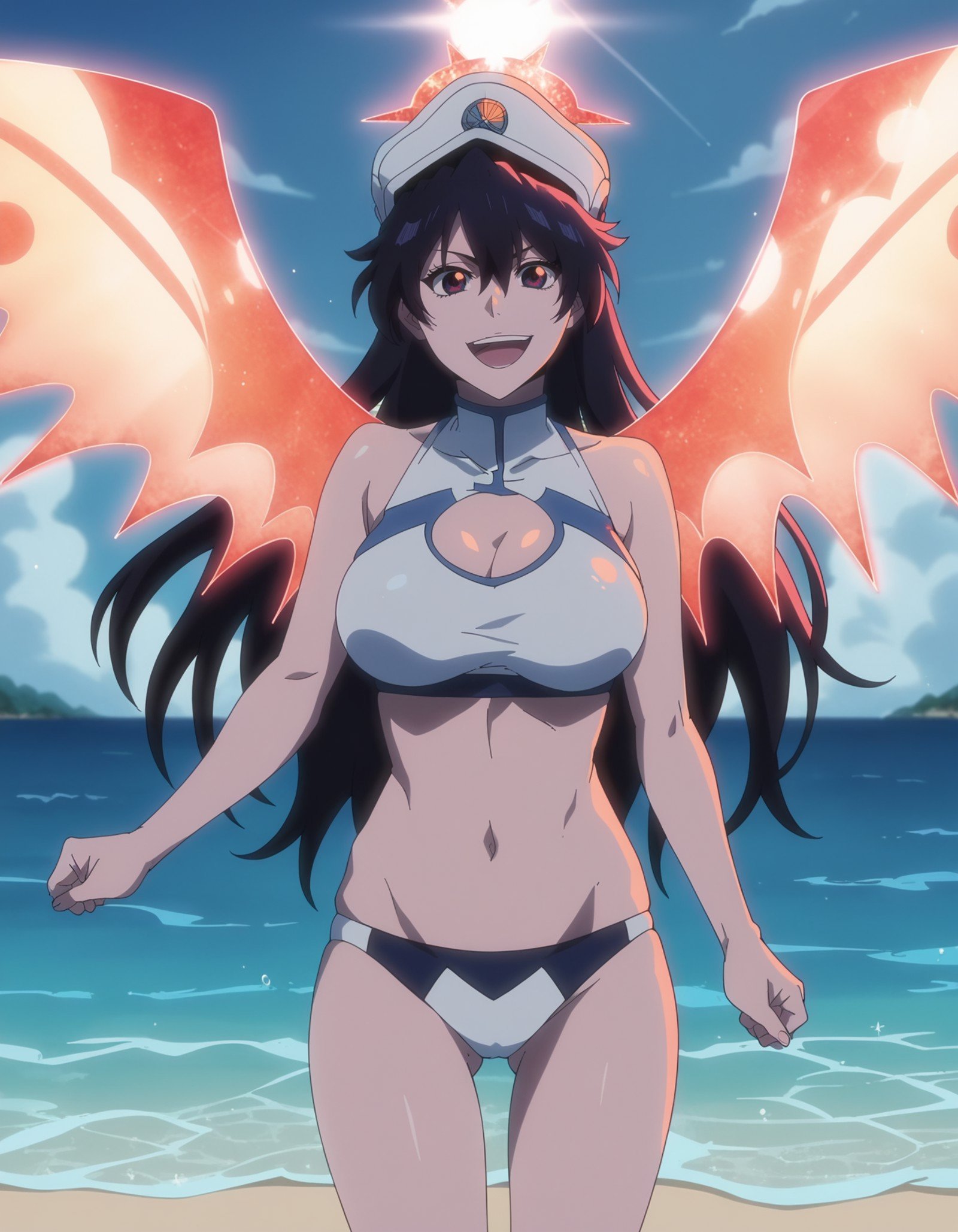 score_9, score_8_up, score_7_up, source_anime,anime screencap,anime coloring,uncensored,bambietta,1girl, long hair,hair between eyes,bangs,black hair,hat,wings,large breasts, swimsuit, standing, looking at viewer, cowboy shot, open mouth, smile, perfect anatomy,scenery, outdoors,beach, ocean, water, day, sunlight,   <lora:Bambietta Basterbine [Bleach] for PONY_epoch_15:1>