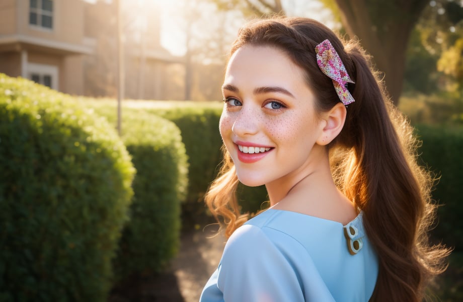 score_9, score_8_up, (upper body), 1girl 17 year-old, smile (1940s fashion dress)(from back, looking at viewer, over shoulder), (long black hair) (victorian hairstyle) (hair bow) ,freckles noose, (freckles:1) super detailed skin texture, bows, sunny day, sunshine, sunlight, dramatic lighting, sharp photography, high quality UHD 8K, perfectly illumination, photorealistic, outdoors, standing, <lora:from back1:1>