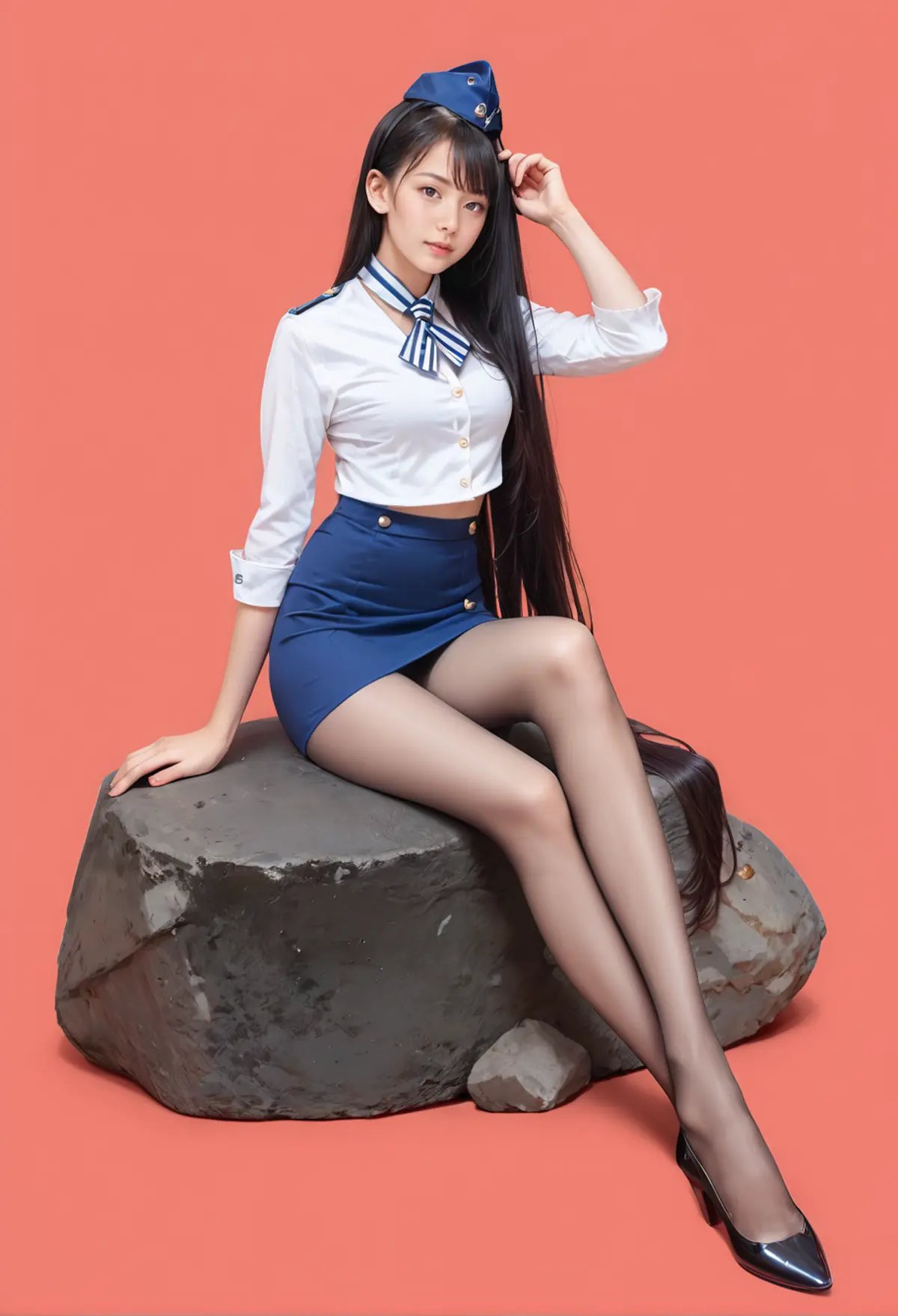 score_9,score_8_up,score_7_up,very long hair,black hair,1girl,solo,red background,full body,sitting on rock,,ruanyi0434,blue skirt,uniform,white shirt,miniskirt,stewardess hat,pantyhose,<lora:0434 stewardess_v1_pony:0.8>