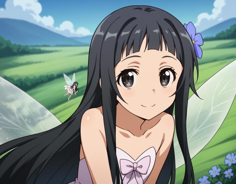 score_9, score_8_up, score_7_up, source_anime,saoyui, <lora:sao-yui-s1-alo-ponyxl-lora-nochekaiser:0.8>,yui, long hair, bangs, black hair, hair ornament, very long hair, flower, hair flower, black eyes,dress, bare shoulders, collarbone, wings, fairy wings, fairy,outdoors, landscape, smile, bent over,cowboy shot, looking at viewer, solo, dutch angle,