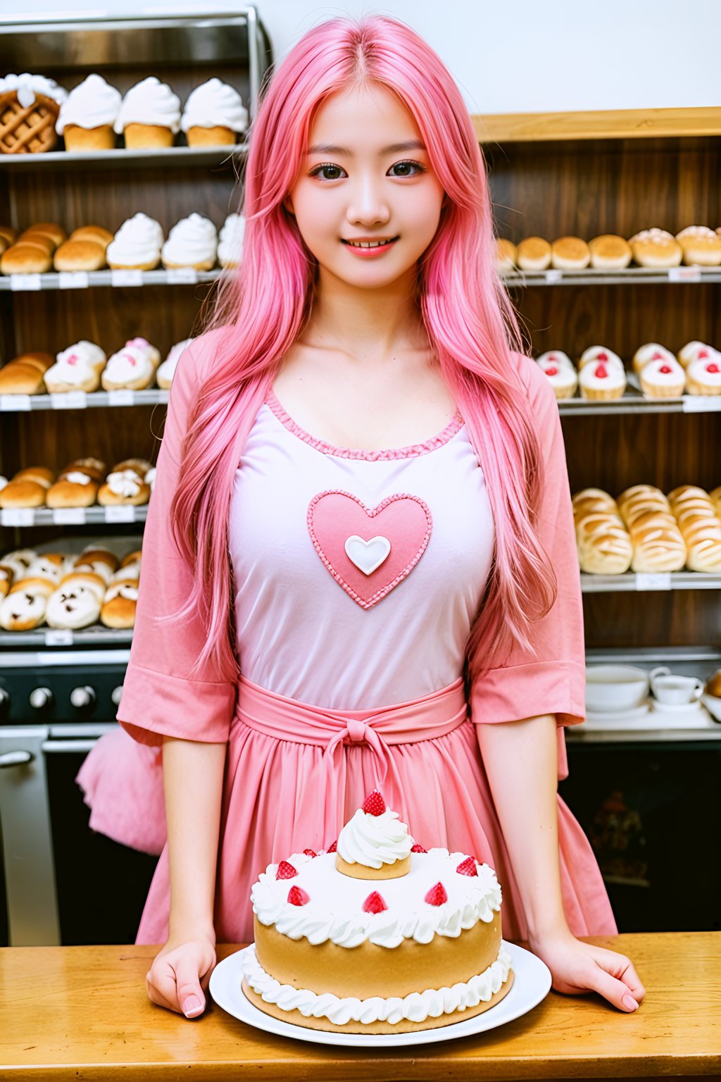 masterpiece, realistic, photo \(medium\), bakery, sunlight, pink hair, 1girl, solo, smile, cake, sitting