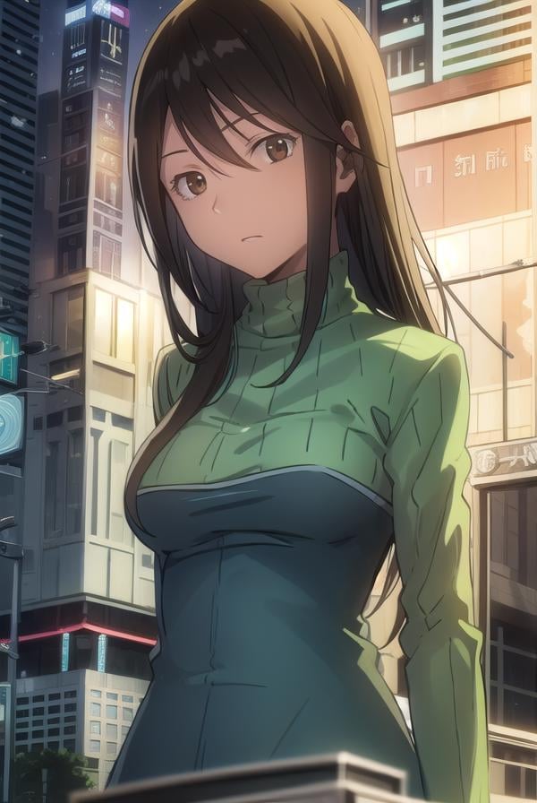 namieyagiri, <lora:namie yagiri s1-lora-nochekaiser:1>,namie yagiri, long hair, black hair, (brown eyes:1.3),BREAK sweater, turtleneck, green sweater,BREAK outdoors, city, night, sky, starry sky, moon,BREAK looking at viewer, (cowboy shot:1.5),BREAK <lyco:GoodHands-beta2:1>, (masterpiece:1.2), best quality, high resolution, unity 8k wallpaper, (illustration:0.8), (beautiful detailed eyes:1.6), extremely detailed face, perfect lighting, extremely detailed CG, (perfect hands, perfect anatomy),