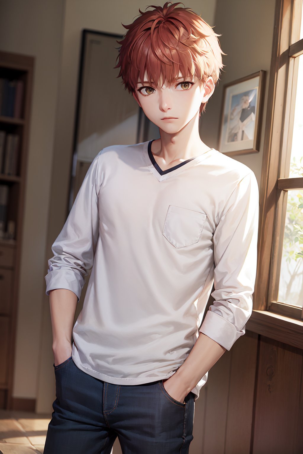 (masterpiece, best quality:1.2), <lora:fate_emiya-10:1>, cowboy shot, solo, male focus, 1boy, emiya shirou, expressionless, closed mouth, looking at viewer, hand in pocket, shirt, pants