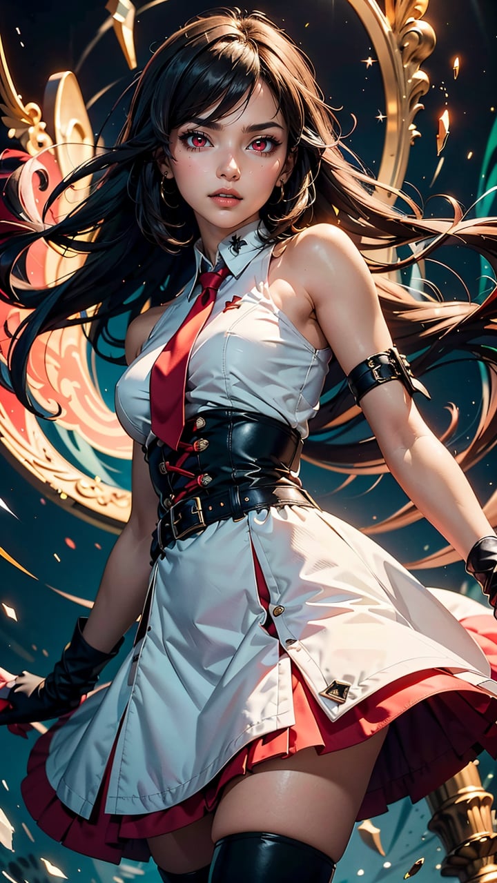 (best quality, masterpiece, colorful, dynamic angle, highest detailed) \Akame ga Kill!\, upper body shot, fashion photography of cute (Akame ga Kill!), perfect long black hair, red eyes, black dress, sleeveless, detailed white collar, black skirt, red belt around her waist, red and black gloves, long red tie, black socks, boots, (ultrahigh resolution textures), bokeh, light passing through hair, (abstract background:1.3),(official art)