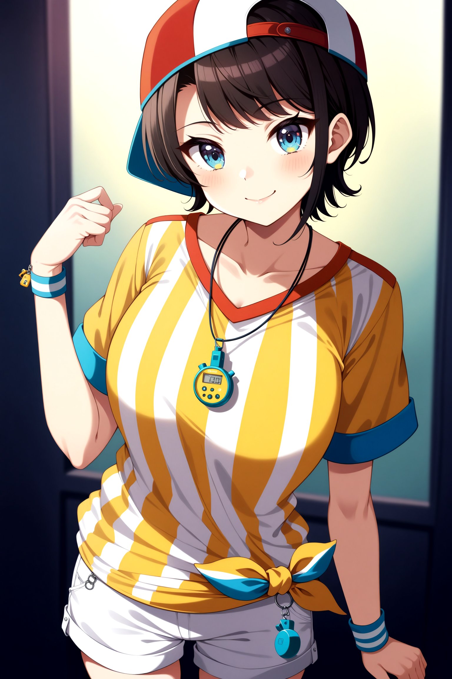 (masterpiece, best quality, very aesthetic, ultra detailed), intricate details, 4k, anime style, aasubaru, short hair, cap, backwards hat, breast, collarbone, watch, whistle around neck, vertical-striped shirt, tied shirt, short sleeves, wristband, white shorts, <lora:oozora_subaru_XL_v1:0.9>, smile