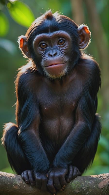 Close-up, RAW photo of a Monkey bonobo, sitting, gesture, kawaii, look at cam, full body shot, jungle, (realistic:1.4), cinematic, masterpiece, best quality, colorful, fractal, irridianced, 16k resolution,, soft lighting, soft shadows, sharp focus, depth of field, best quality, 4k