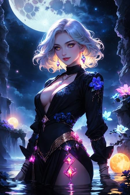 ((best quality, masterpiece, absurbres, official art, super-resolution)), 1girl, black background, blue flower, blue hair, bubble, earrings, gem, glint, glowing, jewelry, lips, long sleeves, moon, muscular, necklace, ring, short hair, sky, tattoo, wading, wavy hair, white hair, yellow eyes, beautiful, movement, alluring. smiling, starry sky, ambience, moon, night sky, colorful lighting, cinematic lighting, neon light glowing