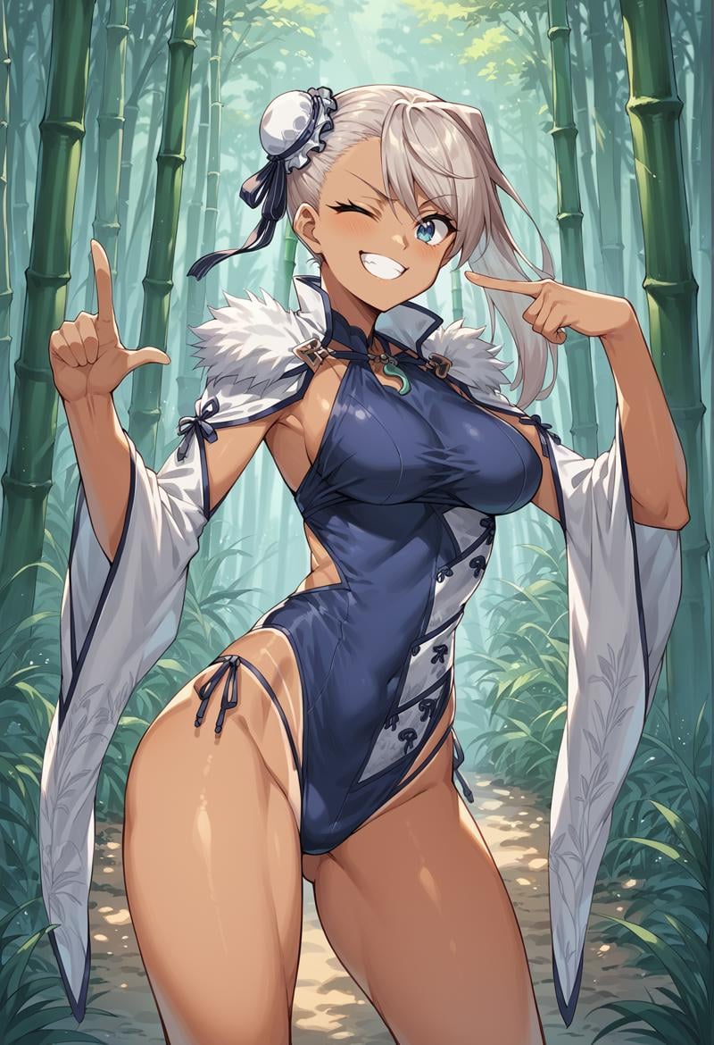 1girl, blue eyes, long hair, grey hair, single sidelock, single hair bun, bun cover, one-piece swimsuit, clothing cutout, string, fur trim, detached sleeves, wide sleeves, tan, tanlines, outdoors, bamboo forest, wink, pointing at viewer, smug <lora:Musashi:1>, score_9, score_8_up, score_7_up, score_6_up, score_5_up, score_4_up, BREAK source_anime, masterpiece