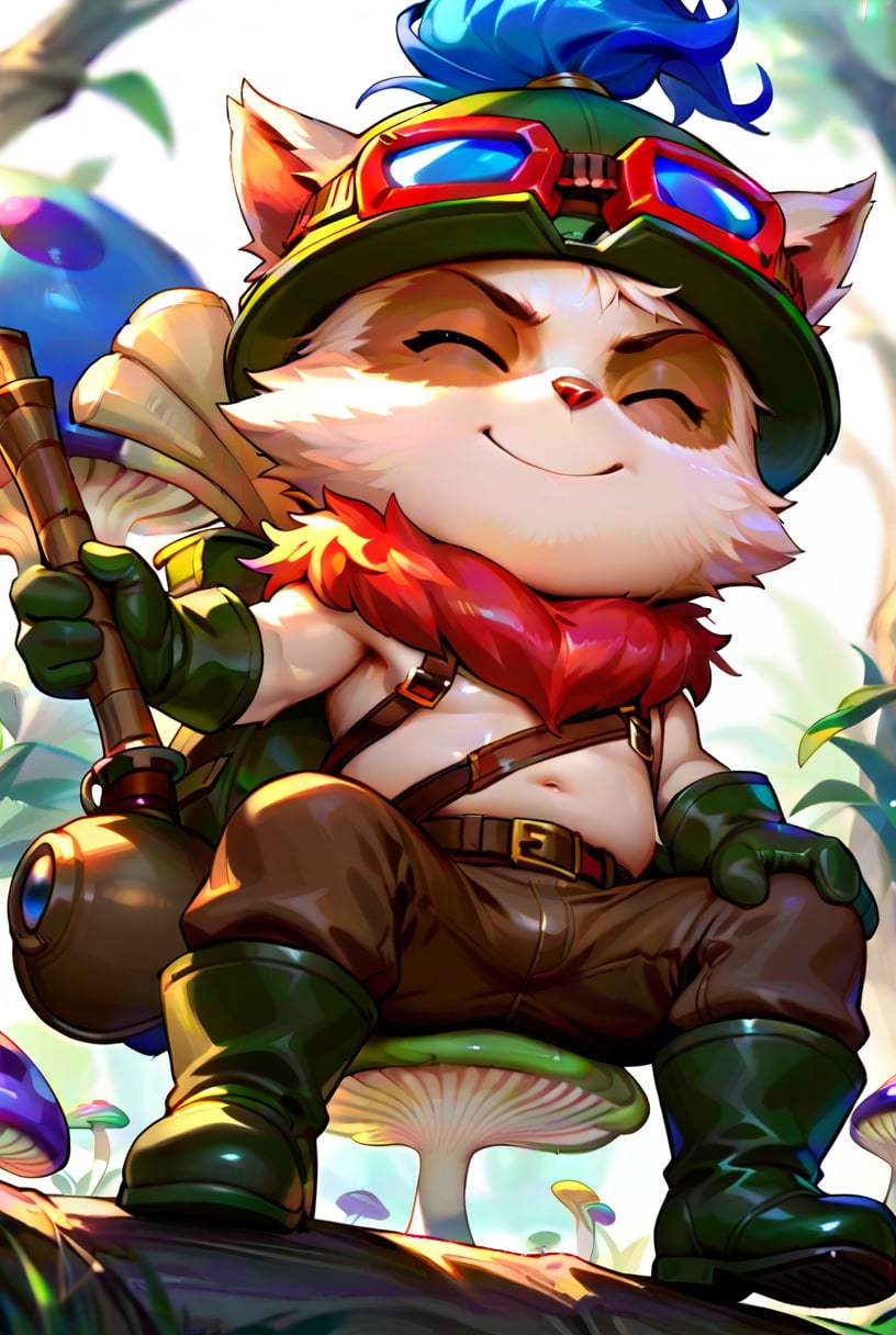 score_9, score_8_up, score_7_up, t33mo, score_9, source_anime, teemo, hat, closed eyes, 1boy, furry, yordle, male focus, goggles, goggles on headwear, brown pants, pants, belt, boots, gloves, green headwear, bag, smile, ^_^, furry male, mushroom, <lora:Teemo_default_v1:0.9>, sitting