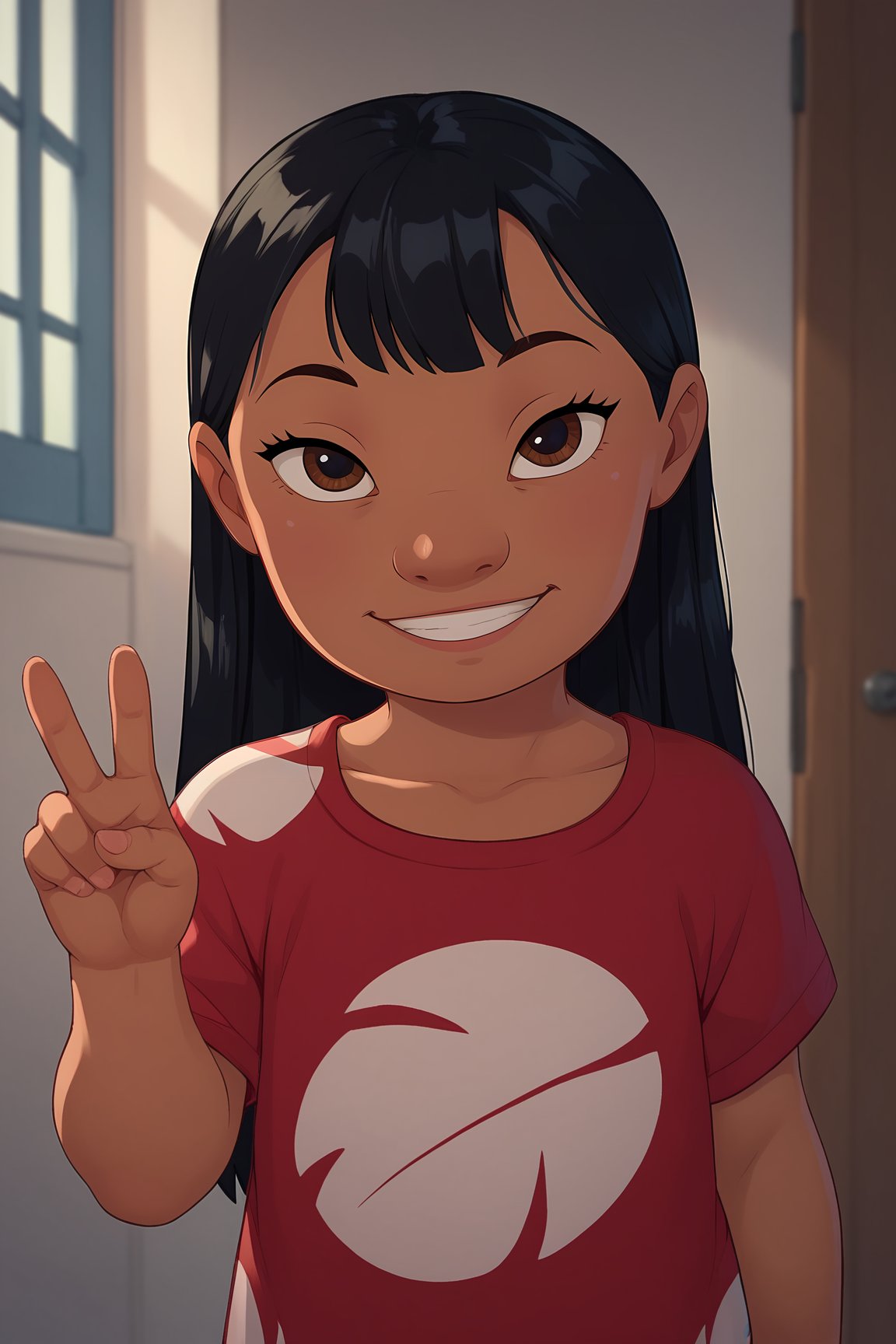 score_9, score_8_up, score_7_up, score_6_up, BREAK, LiloLSXL, child, dark skin, brown eyes, black hair, long hair, bangs, flat chest, red dress, short sleeves, solo, front view, single peace sign, (portrait, upper body), solo focus, seductive smile, looking at viewer, indoors <lora:LiloLSXL:0.8>