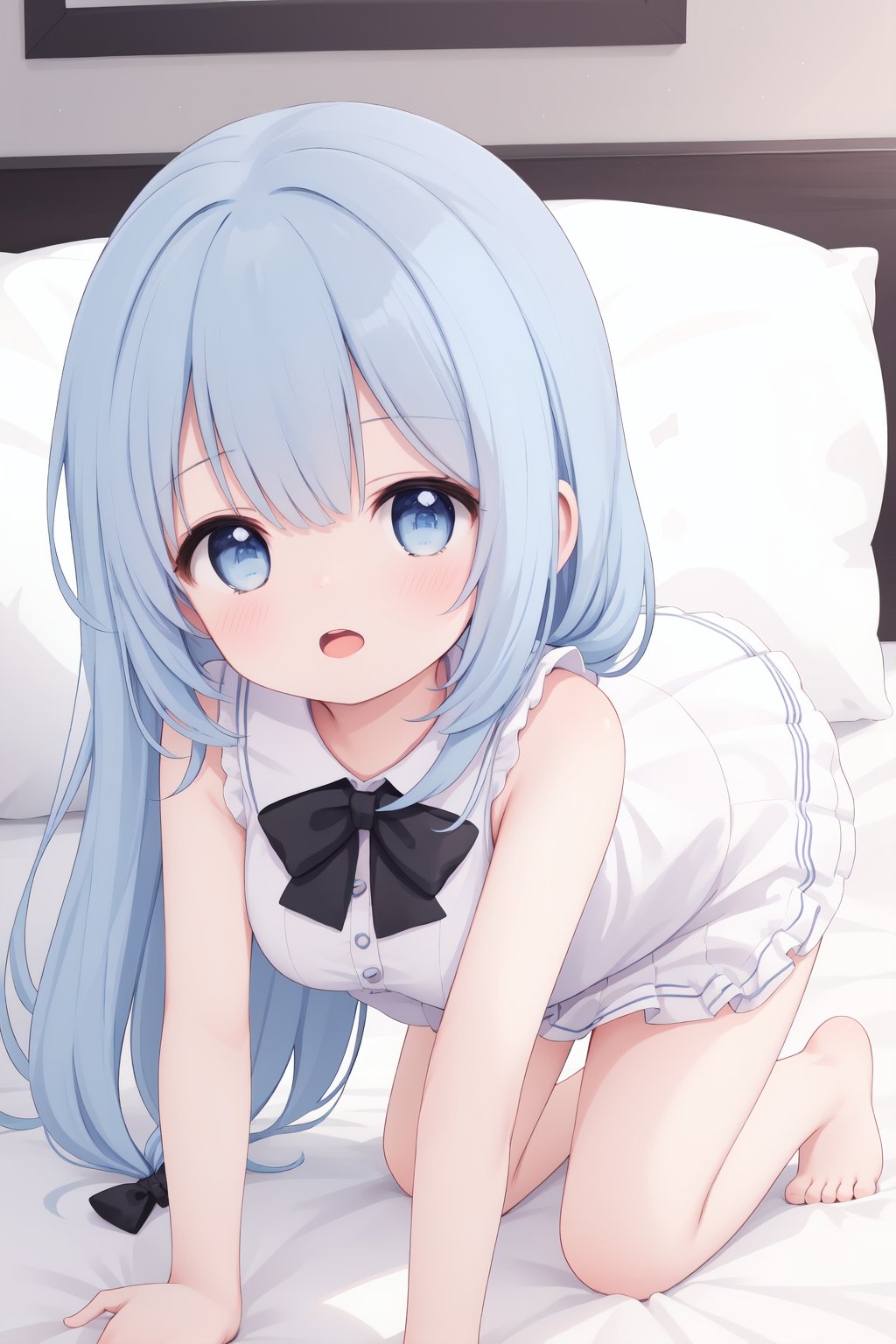 1girl,solo,blue hair,blue eyes,barefoot,white dress,sleeveless,long hair,bare arms,looking at viewer,pillow,blush,open mouth,bangs,black bow,all fours,