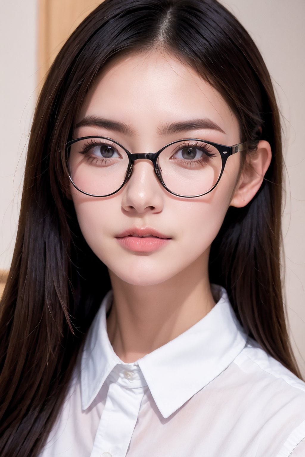 1girl, solo, white shirt, portrait, glasses,