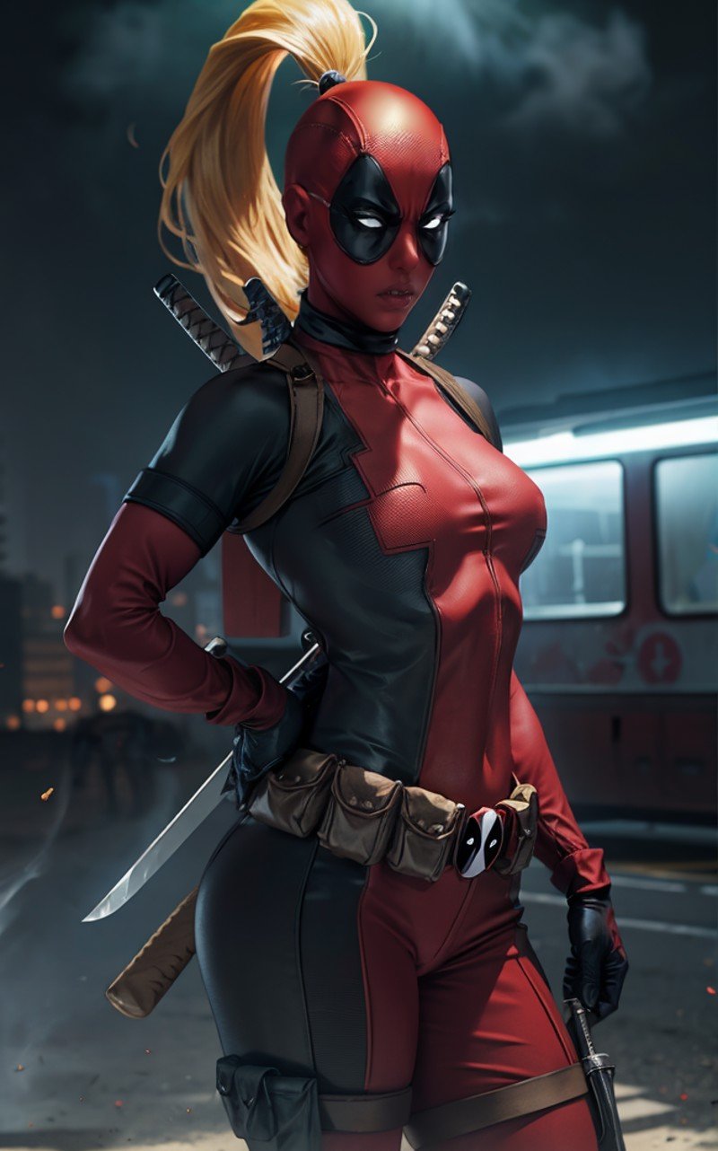 masterpiece, best quality, highres, contrapposto,BodySuit_lady_deadpool_ownwaifu,1girl, mask, blonde hair, ponytail, long hair, large breasts, no pupils, bodysuit, skin tight, superhero, belt pouch, utility belt, red bodysuit, gloves, weapon on back, thigh pouch, thigh strap, thigh holster, belt buckle, turtleneck, <lora:MARVEL_lady_deadpool_ownwaifu:1> ,light particles, depth_of_field, scenery, night, aerial fireworks, solo, cowboy shot, looking at viewer,