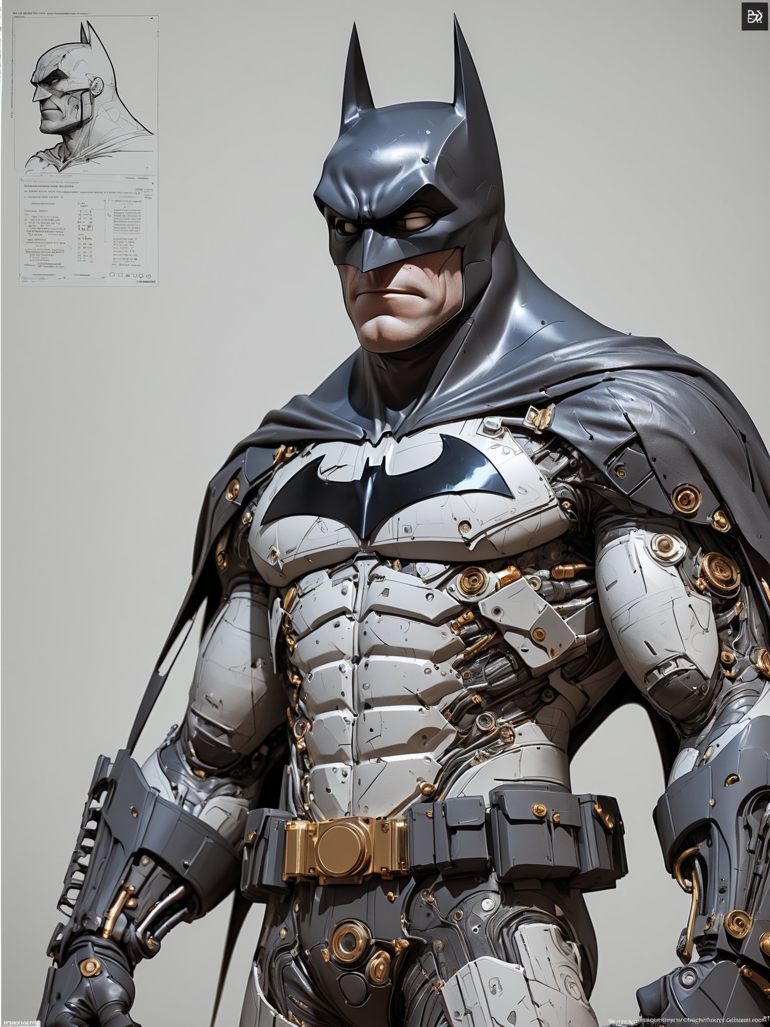 poster of a mechanical dc comics character batman, by sagrav technical Schematics viewed from front and side view on light white blueprint paper, Illustration drafting style, illustration, typography, conceptual art, dark fantasy, steampunk, 3d render, dark fantasy, cinematic, "Batman" "DC Comics", cinematic, dark fantasy, 3d render,  epic action, Unreal Engine, cinematic award winning artwork, many details, extreme detailed, full of details,Wide range of colors., dramatic, Dynamic,Cinematic,Sharp details, Insane quality. Insane resolution. Insane details. Masterpiece. 32k resolution. casting shadow style, cucoloris patterned illumination,  dvr-lnds-sdxl, ral-dissolve, ral-ertmsphr, ral-porcelain, ral-pxlprtcl, Niji, aidma-niji