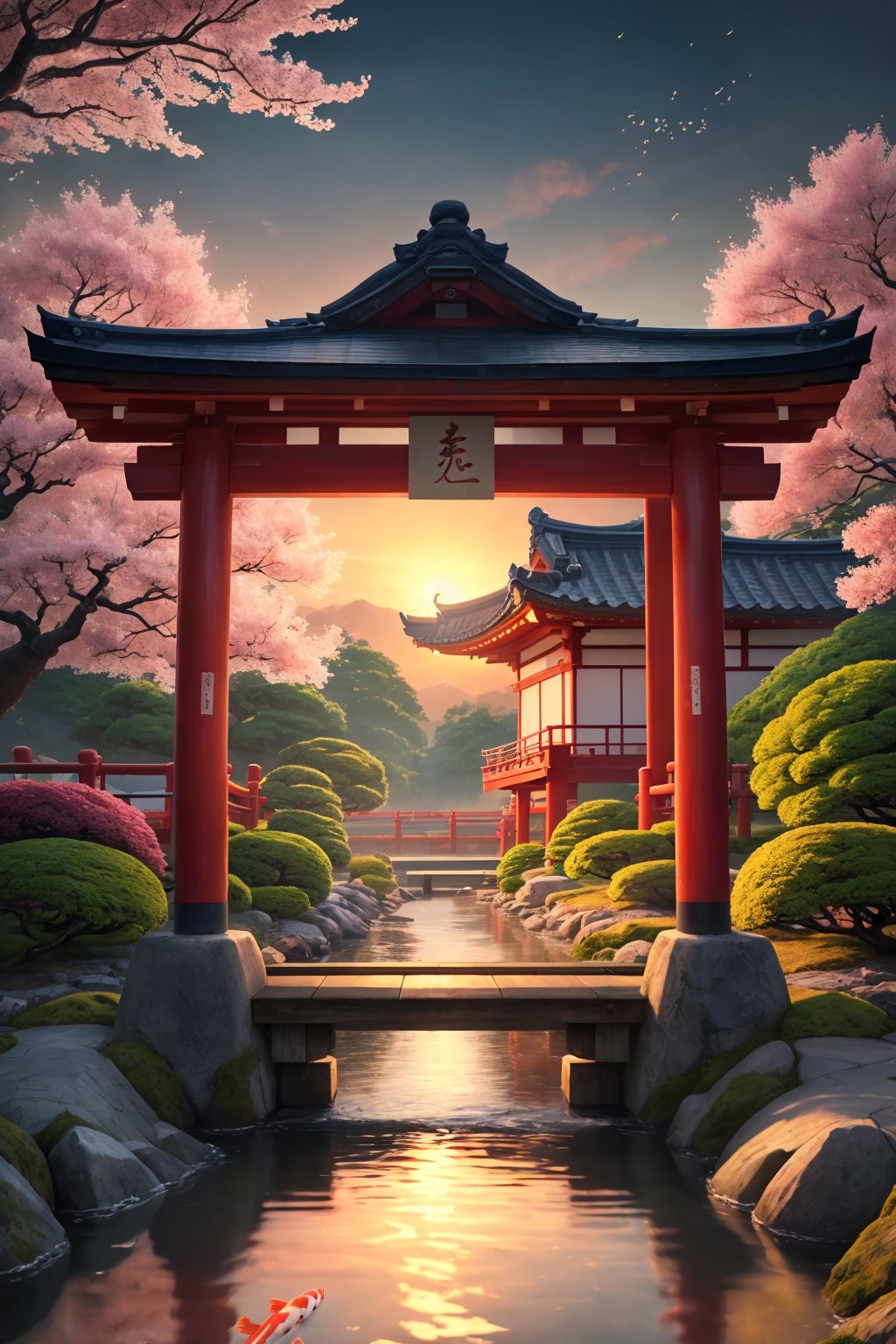 (digital painting),(best quality), serene Japanese garden, cherry blossoms in full bloom, koi pond, footbridge, pagoda, Ukiyo-e art style, Hokusai inspiration, Deviant Art popular, 8k ultra-realistic, pastel color scheme, soft lighting, golden hour, tranquil atmosphere, landscape orientation, (rating_explicit), (score_9, score_8_up, score_7_up, score_6_up, score_5_up, score_4_up, high res, 4k)