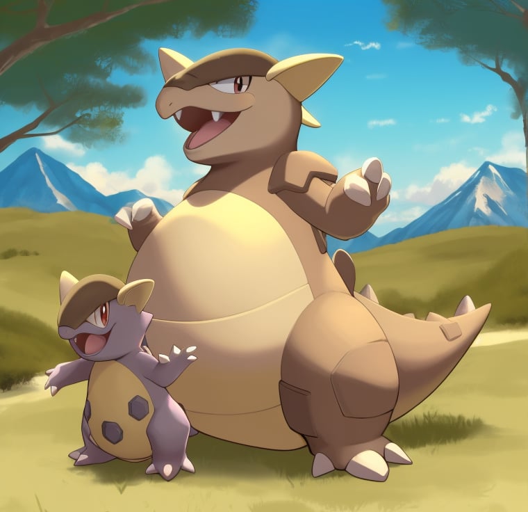 masterpiece,4K,kangaskhan,Brown body,Grey yellow ears,Grayish yellow abdomen,brood pouch,(3 toes:1.2),female,A baby in light blue,pokemon \(creature\),(solo:1.3),lie,outdoor,happy,open mouth,Ultimate details,mountain,sky,grass, on back,A baby in light blue,Raise hands