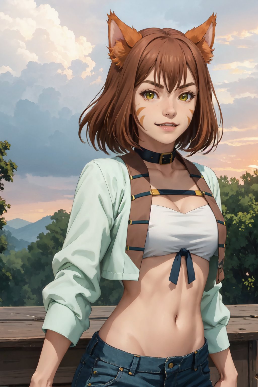 masterpiece, best quality, <lora:miyacatt-nvwls-v1-000010:0.8> 1girl, solo, miya, cat ears, whisker markings, collar, white bandeau, midriff, cleavage, cropped jacket, green pants, profile, looking at viewer, sunset, sky, clouds, fangs, smile, furrowed brow, upper body