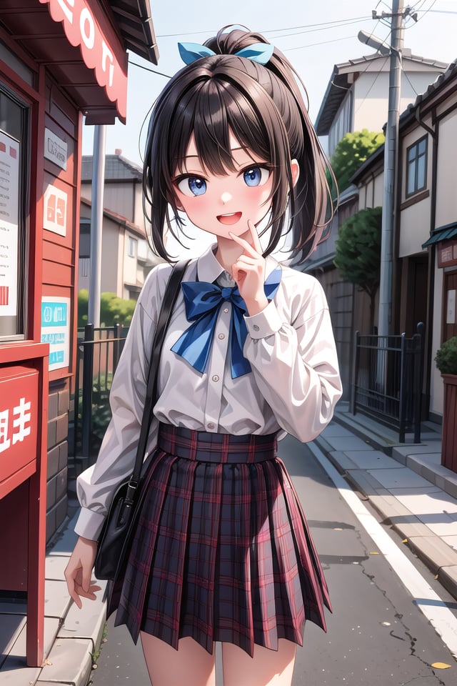 insanely detailed, absurdres, ultra-highres, ultra-detailed, best quality,1girl, solo, nice hands, perfect handsBREAKjirai kei,plaid skirt, shirt, long sleeves, bow, blue skirt, white shoulder frilly shirt, outdoors, blue bow, long hair, (cleavage:-1.5)BREAKhappy smile, laugh, open mouthBREAK45 angle,standing, cowboy shot, looking at viewerBREAKslender, kawaii, perfect symmetrical face, ultra cute girl, ultra cute face, ultra detailed eyes, ultra detailed hair, ultra cute, ultra beautifulBREAKin japanese street, cityscape in japan, depth of field, ultra detailed backgroundBREAKlarge breastsBREAKblack hair, black eyes, ponytail,