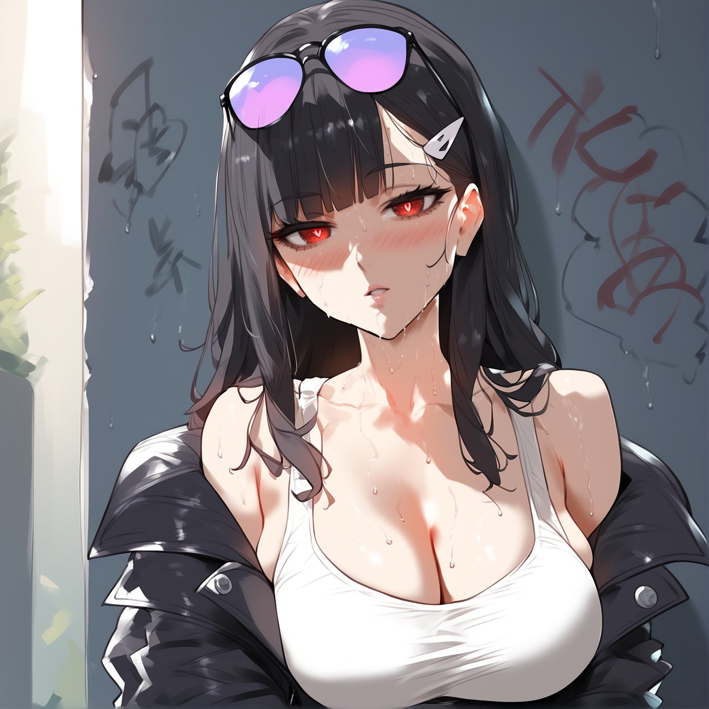 score_9, score_8_up, score_7_up, score_6_up, source_anime, <lora:CYR 0.1v:1>,1girl, breasts, cleavage, black hair, eyewear on head, long hair, red eyes, solo, looking at viewer, large breasts, bangs, hair ornament, parted lips, hairclip, blush, off shoulder, black jacket, bare shoulders, sunglasses, jacket, blunt bangs, collarbone, shirt, white shirt, bright pupils, sweat, graffiti