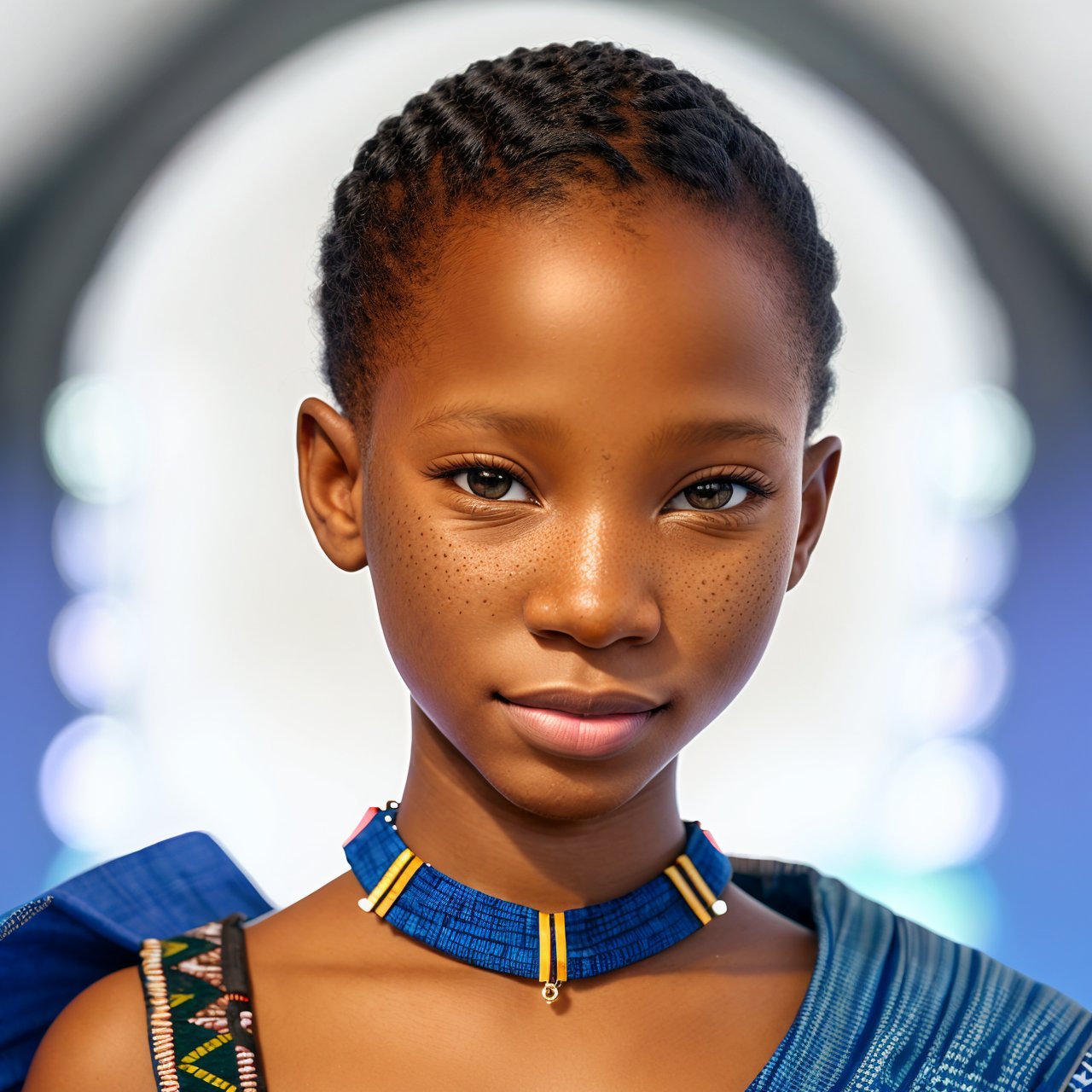 SFW, best quality, extra resolution, wallpaper, HD quality, HD, HQ, 4K, looking at viewer, profile of AIDA_LoRA_EmSam <lora:AIDA_LoRA_EmSam:0.98> in (blue tribal African outfit:1.1), little girl, pretty face, beautiful child, very detailed face, (looking at viewer with love:1.3), (very detailed natural skin with pores), dolly short, naughty, funny, happy, playful, intimate, flirting, cinematic, dramatic, insane level of details, (studio photo:1.3), kkw-ph1, hdr, f1.5, colorful, (white background:1.1), stunningly beautiful, simple background, (isolated on white:1.1)