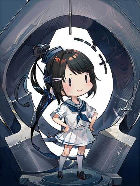 fairy \(kancolle\), 1girl, fubuki \(kancolle\), solo, low ponytail, black hair, sailor collar, white background, sidelocks, short ponytail, simple background, skirt, pleated skirt, ponytail, chibi, school uniform, serafuku, hat, headwear removed, standing, white skirt, hat removed, blue sailor collar, full body, hands on hips, black eyes, =3, long hair, blue neckerchief, smile, original, intricate detail, illustration, masterpiece, extremely detailed CG unity 8k wallpaper, highlight, sharpening, dynamic, <lora:Fairy-3:1>