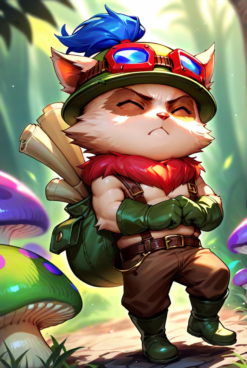 score_9, score_8_up, score_7_up, t33mo, score_9, source_anime, teemo, hat, closed eyes, 1boy, furry, yordle, male focus, goggles, goggles on headwear, brown pants, pants, belt, boots, gloves, green headwear, bag, furry male, mushroom, <lora:Teemo_default_v1:0.75>, pout, arms crossed