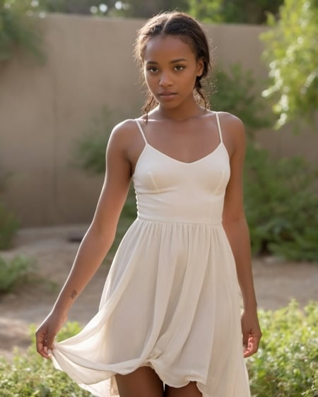 cinematic film still young african woman in white dress . shallow depth of field, vignette, highly detailed, high budget Hollywood movie, bokeh, cinemascope, moody, epic, gorgeous, film grain, grainy, detailed skin texture, (blush:0.5), (goosebumps:0.5), subsurface scattering