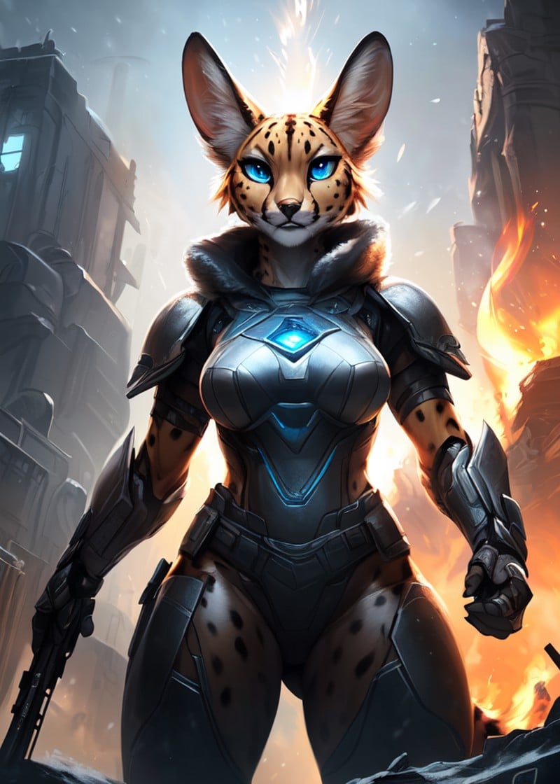 (by Darkgem, by Wildring, by Null-Ghost, by Jiandou, by Bonifasko),solo female (((snow serval) curvy figure, blue eyes)),(front view, half-length portrait, close-up, looking away, low-angle view:1.3),(cyborg armor, holding weapon:1.15),BREAK,(science fiction war:1.3), (explosion, fire, smoke, ruins, factory, morning night),(detailed background, depth of field, shadow, sunlight, ambient light on the body, backlighting),masterpiece, best quality, 4k, 2k, (intricate:0.9), (high detail, realistic:1.25), absurd res