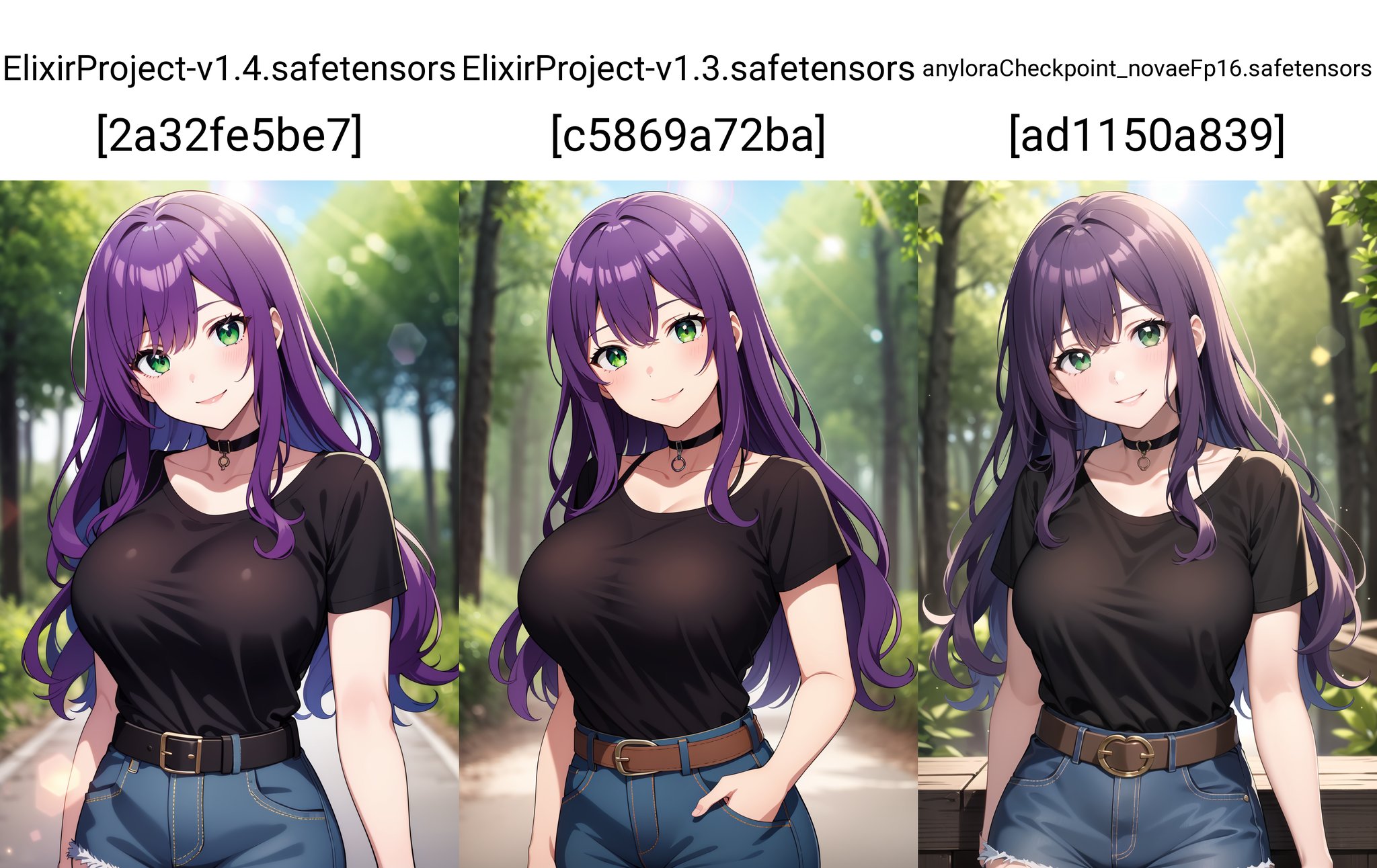 (masterpiece), best quality, expressive eyes, perfect face, 1girl, solo,long hair, wavy hair, purple hair, green eyes, large breasts, black t-shirt, choker, head tilt, smile, denim shorts, belt,portrait, forest, cloudy sky, lens flare, blurry background,