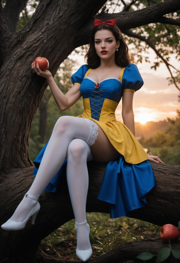 score_9,score_8_up,score_7_up,score_6_up,score_5_up,score_4_up,highly detailed,real life,analog, disney princess snow white sitting against a tree in a beautiful meadow, sunset, (crossed legs:1.2), wearing an split elegant dress, white stockings and suspenders,toned legs, thigh, white panties,  holding an apple and lifting her skirt, blue bodice and a yellow skirt with a high collar and a red headband,