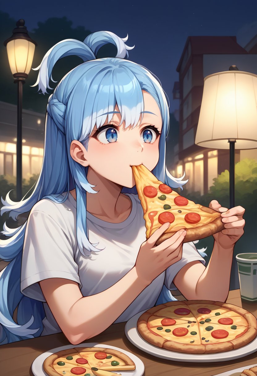 score_9, score_8_up, source_anime, 1girl, solo, KoboKanaeru, blue eyes, long hair, blue hair, colored tips, white hair, t-shirt, eating, table, upper body, pizza, happy, lamp, outdoors, street, lamppost, <lora:Char-KoboKanaeruPonyXL:1>