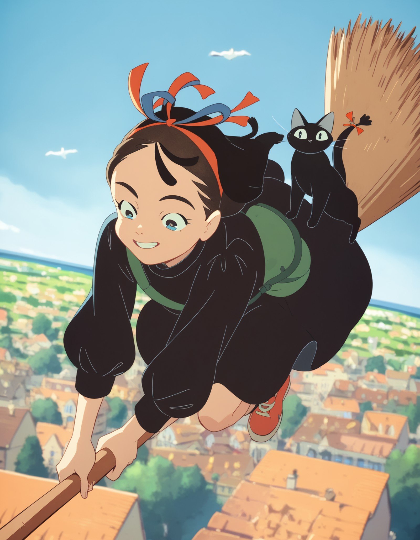 score_9,  score_8_up, score_7_up, source_anime, <lora:kikimac-ponyxl-000009:0.9> 1girl, solo, kikimac, hair ribbon, black dress, dress,smile, blue sky, cat, broom riding, flying