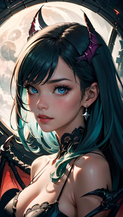 (best quality, masterpiece, colorful, dynamic angle, highest detailed)upper body photo, fashion photography of cute succubus girl, gothic, large demon red wings (high resolution textures), long green hair, (abstract art), half demon, crimson cat iris, cat eyes, vampire very long fangs, (intricate details, hyperdetailed:1.15), detailed, moonlight passing through hair, (official art, extreme detailed, highest detailed), HDR+