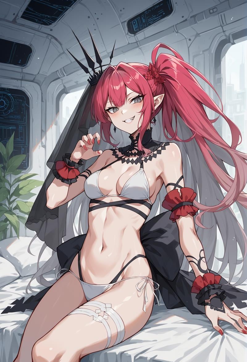 1girl, grey skin, colored skin, pale skin, pointy ears, pink hair, very long hair, grey eyes, multicolored hair, gradient hair, grey hair, hair ornament, hair flower, veil, white bikini, string bikini, detached collar, Wrist Cuffs, asymmetrical legwear, nail polish, claw pose, indoors, bed, spacecraft interior, bed, plant, white walls, smile, teeth, fang, half-closed eyes,  <lora:bob:1>, score_9, score_8_up, score_7_up, score_6_up, score_5_up, score_4_up, BREAK source_anime, masterpiece