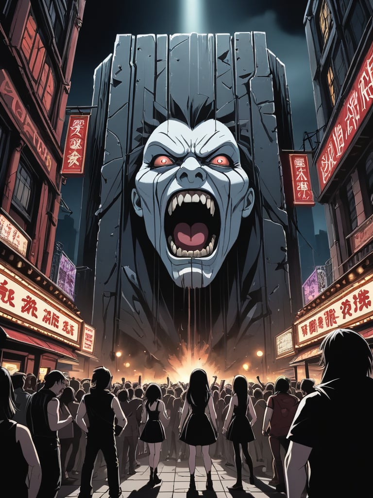 dynamic angle, (anime focus:1.2), extremely detailed urban strip bar, clashing themes, stage, stage lights, crowd in background, grimoire_noir, giant monolith with screaming face, pale skin, gothic style