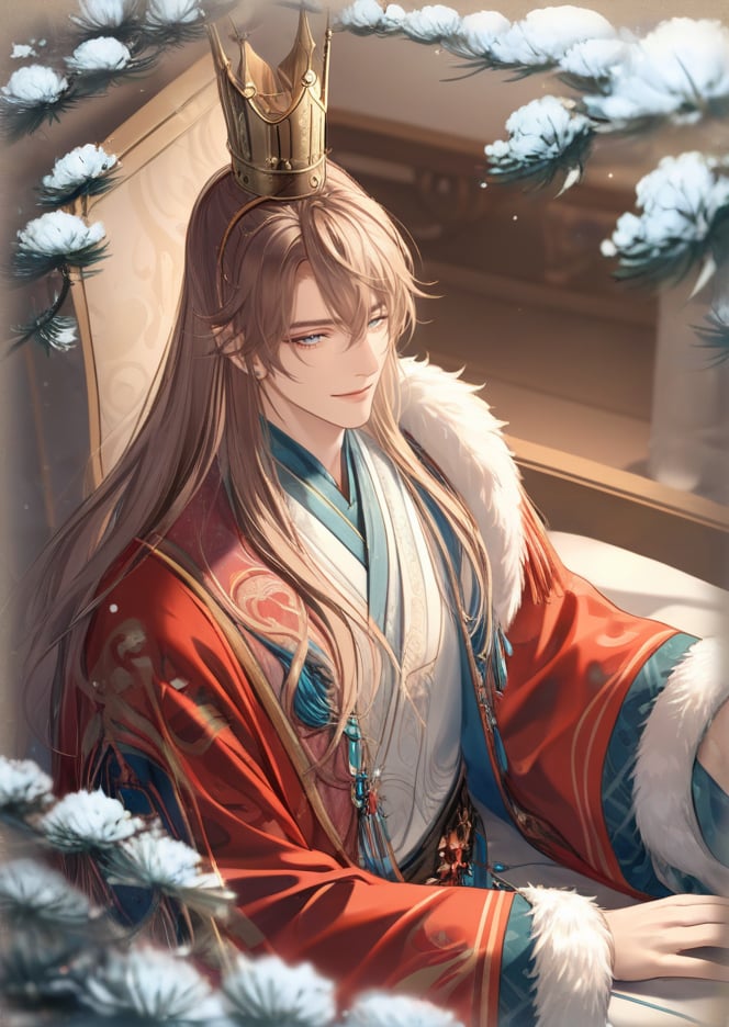 (best quality), ((masterpiece)), (highres), illustration, original, extremely detailed,  <lora:古风·鸢行风上:0.7>1boy, male focus, long hair, solo, chinese clothes, hanfu, looking at viewer, crown, smile, fur trim, long sleeves