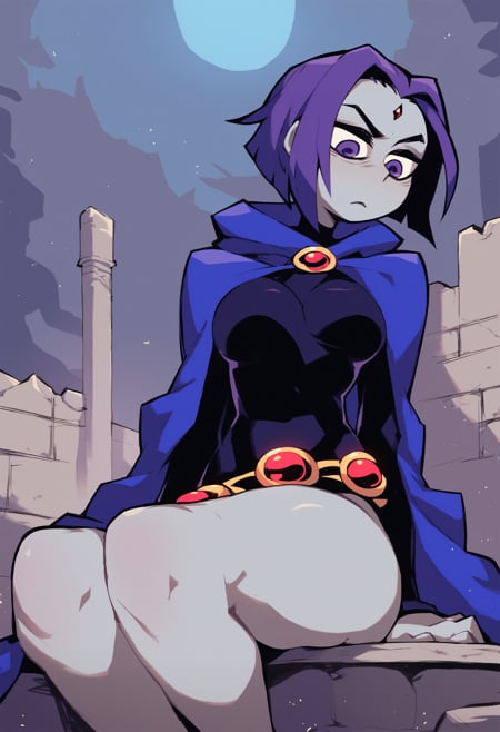 score_9, score_8_up, score_7_up, BREAK, 1girl, solo, breasts, raven \(dc\), cloak, grey skin, thighs, outdoors, night sky, night, black leotard, long sleeves, purple hair, belt, wariza, sitting   <lora:VanripArtXLLocon:1>