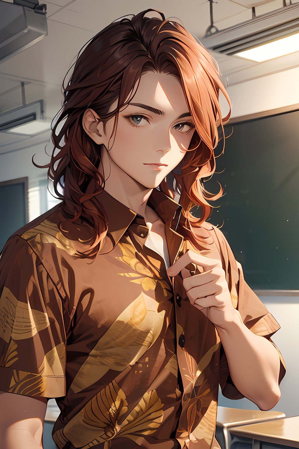 masterpiece, dynamic pose, centered, 1boy, handsome, calm, intelligent, vibrant red wavy hair, standing, stylish batik shirt, classroom background, <lora:2ef66717-89c5-4849-9792-71c324ecdcb4:0.9>