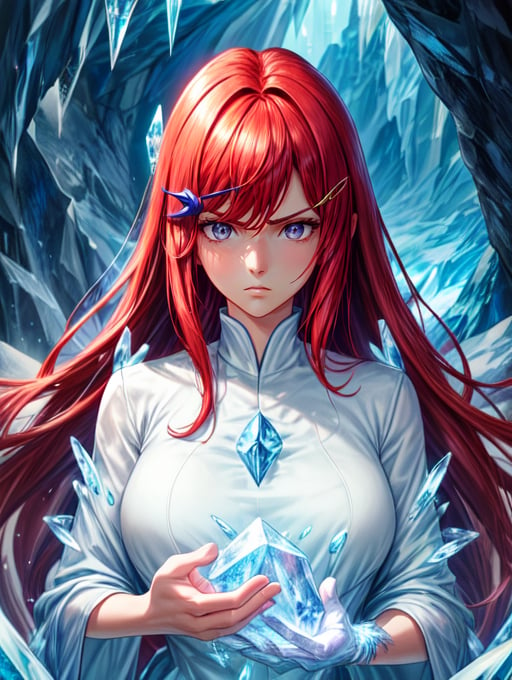 best quality, masterpiece, highres, detailed, digital artwork, <lora:Tools - add_detail:0.2>, IceElementCh, ice, blue theme, ice body:2,  <lyco:Change - IceElementCh:0.8>,  KushinaUzu, red hair, long hair, hair clip, [grey eyes: purple eyes: 0.7] <lora:Character - KushinaUzu:0.6>, mature woman, upper body,  glowing, cave, serious, swept bangs, 