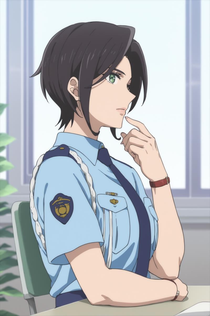 yumihara saki, black hair, short hair, green eyes, sakipolice, policewoman, police uniform, short sleeves, blue shirt, collared shirt, blue necktie, blue skirt, black shoes, <lora:Saki_Yumihara:1>, score_9, score_8_up, score_7_up, score_6_up, score_5_up, source_anime, rating_safe, medium breasts, indoors, police office, 1girl, solo, looking at viewer, <lora:age_slider_v4:3>, (upper body:1.3), standing