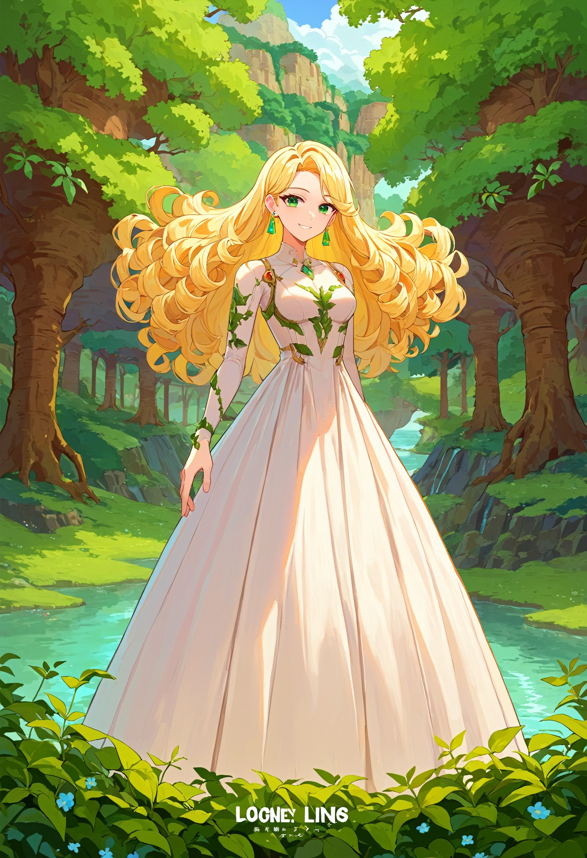 score_9, score_8_up, score_7_up, BREAK  long dress, forest, scenery, bodysuit, green eyes, blonde hair, nature, smile, cover, curly hair, floating island, jewelry, river, dress, moss, long hair, levitulbaat \(meme\), light smile, leaf, white dress, meme, science fiction, earrings